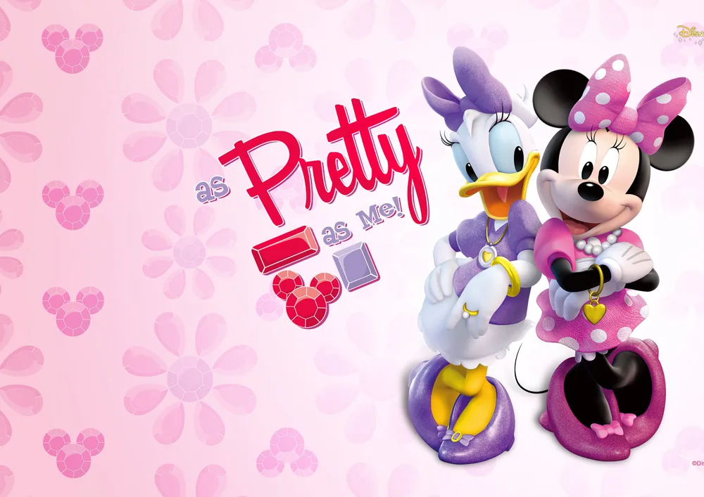 Mickey a Minnie – Minnie a Daisy na růžovém pozadí – jedlý papír na hranatý dort – jedlý obrázek na dort