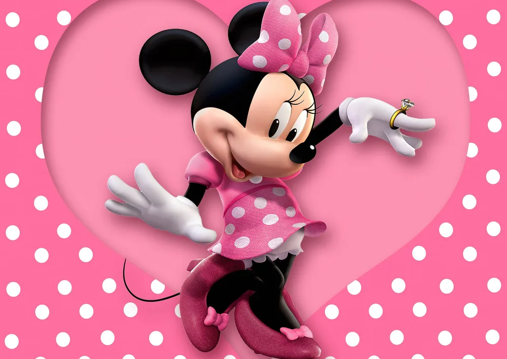 Mickey a Minnie – Minnie v růžovém srdíčku s puntíky – jedlý papír na hranatý dort – jedlý obrázek na dort