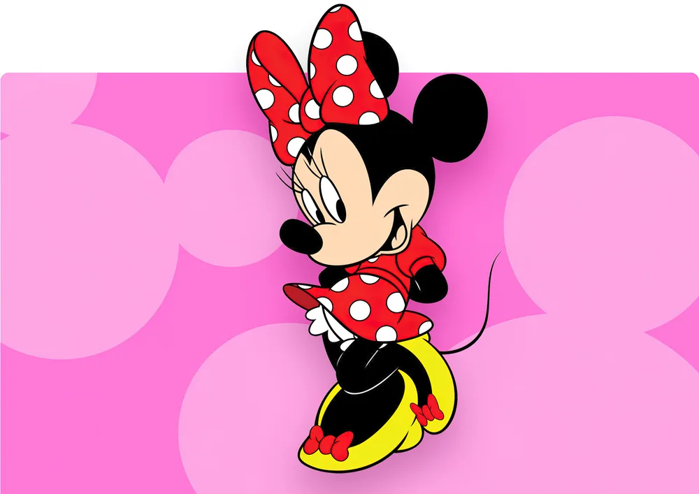 Minnie Mouse – v červených šatech na růžovém pozadí – jedlý papír na hranatý dort – jedlý obrázek na dort