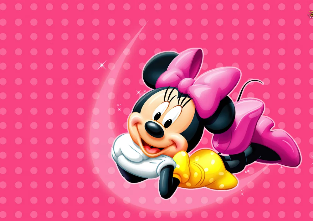 Mickey a Minnie – usměvavá Minnie na růžovém pozadí – jedlý papír na hranatý dort – jedlý obrázek na dort