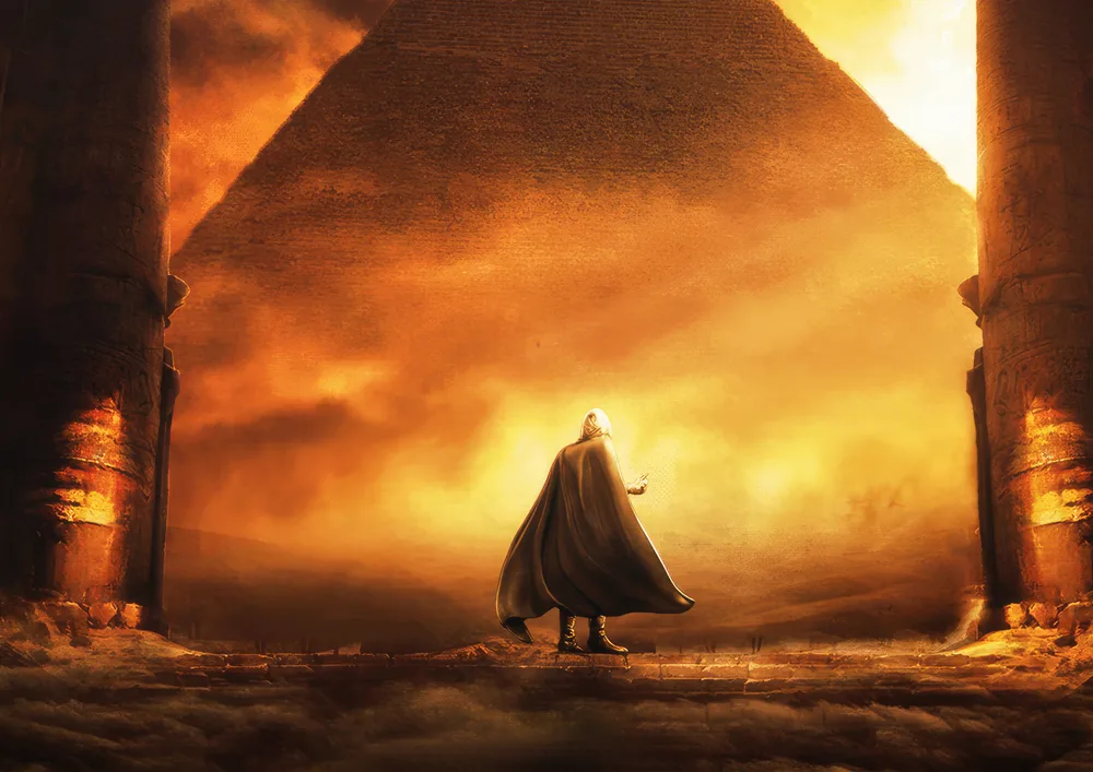 Moon Knight – hrdina v plášti před egyptskou pyramidou – jedlý papír na hranatý dort – jedlý obrázek na dort