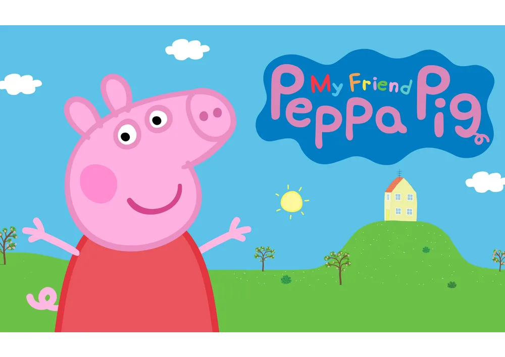 Prasátko Peppa – usměvavá Peppa a domeček na kopci – jedlý papír na hranatý dort – jedlý obrázek na dort