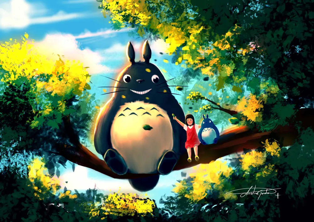 Totoro – Můj soused Totoro s Mei na větvi stromu – jedlý papír na hranatý dort – jedlý obrázek na dort