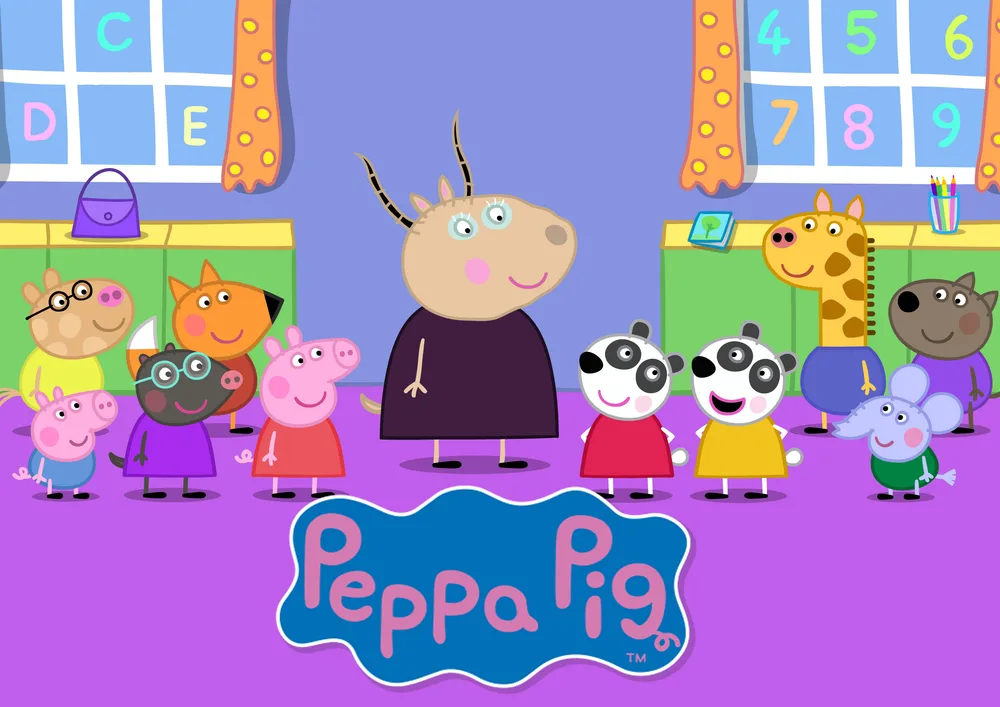 Prasátko Peppa – Peppa s kamarády a paní Gazelou ve školce – jedlý papír na hranatý dort – jedlý obrázek na dort