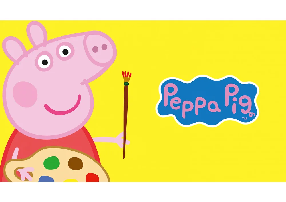 Prasátko Peppa – malířka se štětcem a paletou – jedlý papír na hranatý dort – jedlý obrázek na dort