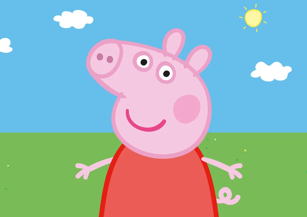 Prasátko Peppa – usměvavá Peppa na louce – jedlý papír na hranatý dort – jedlý obrázek na dort