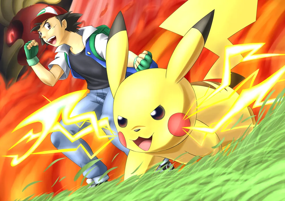 Pokémon – Ash a Pikachu v plném běhu – jedlý papír na hranatý dort – jedlý obrázek na dort