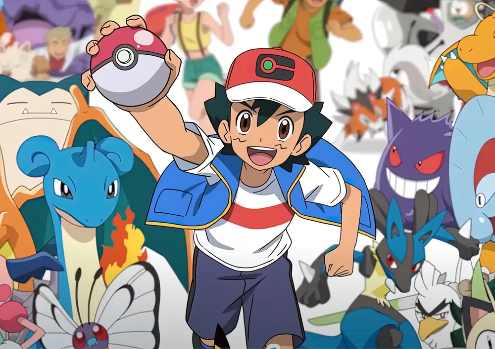 Pokémon – Ash Ketchum s Pokéballem a pokémoni – jedlý papír na hranatý dort – jedlý obrázek na dort