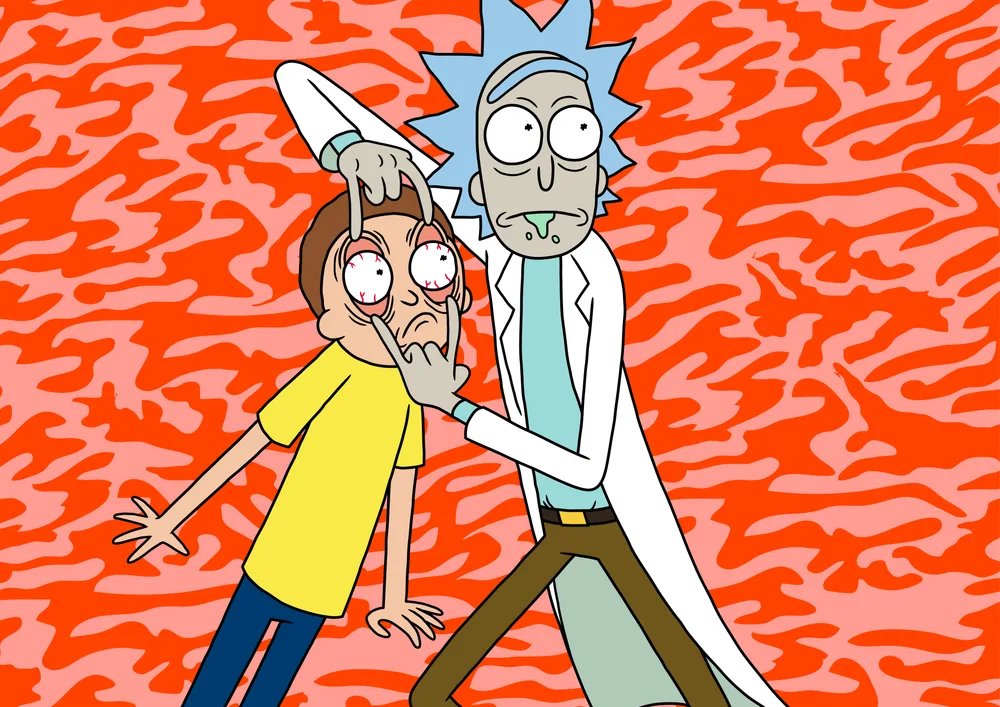 Rick and Morty – Rick rozevírá Mortyho oči – jedlý papír na hranatý dort – jedlý obrázek na dort