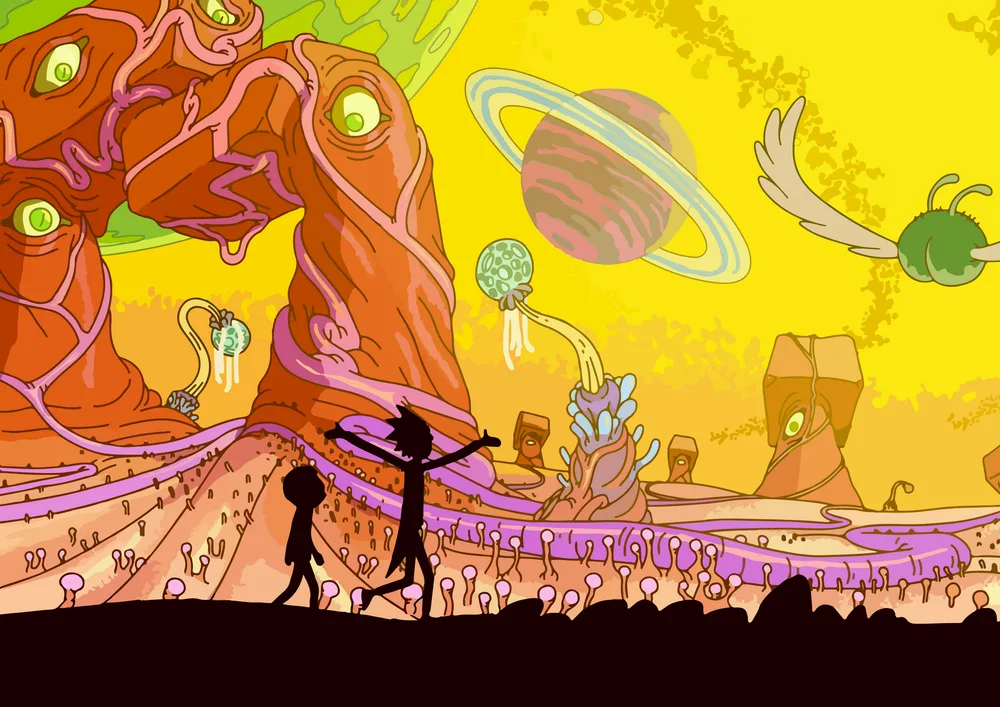 Rick a Morty – cizí planeta a siluety – jedlý papír na hranatý dort – jedlý obrázek na dort