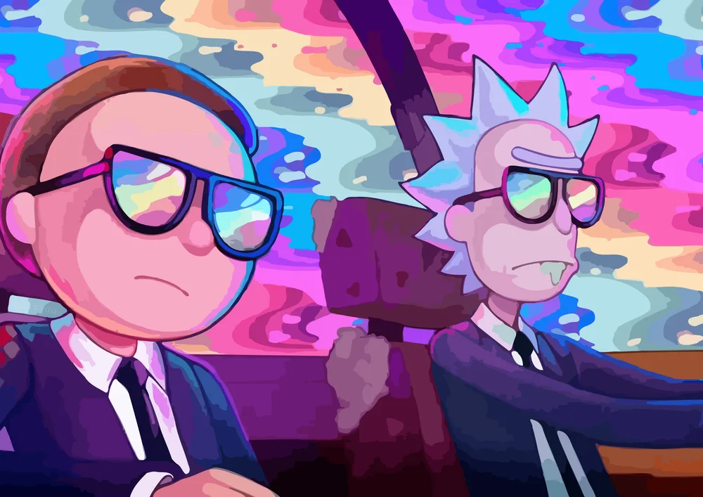 Rick a Morty – v černých oblecích a slunečních brýlích – jedlý papír na hranatý dort – jedlý obrázek na dort