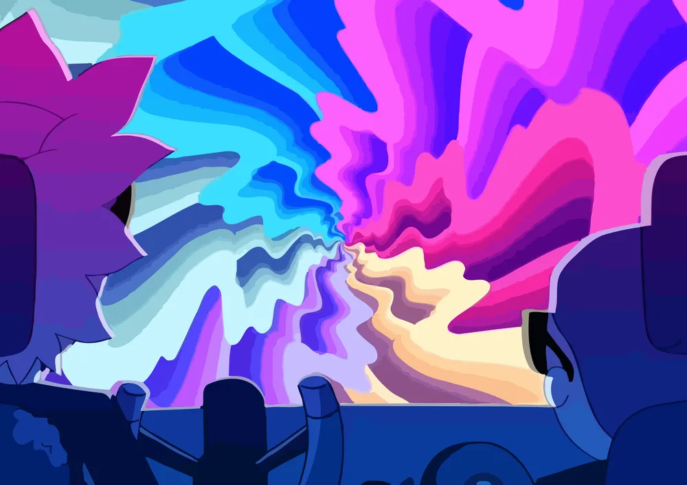 Rick a Morty – psychedelická jízda autem – jedlý papír na hranatý dort – jedlý obrázek na dort