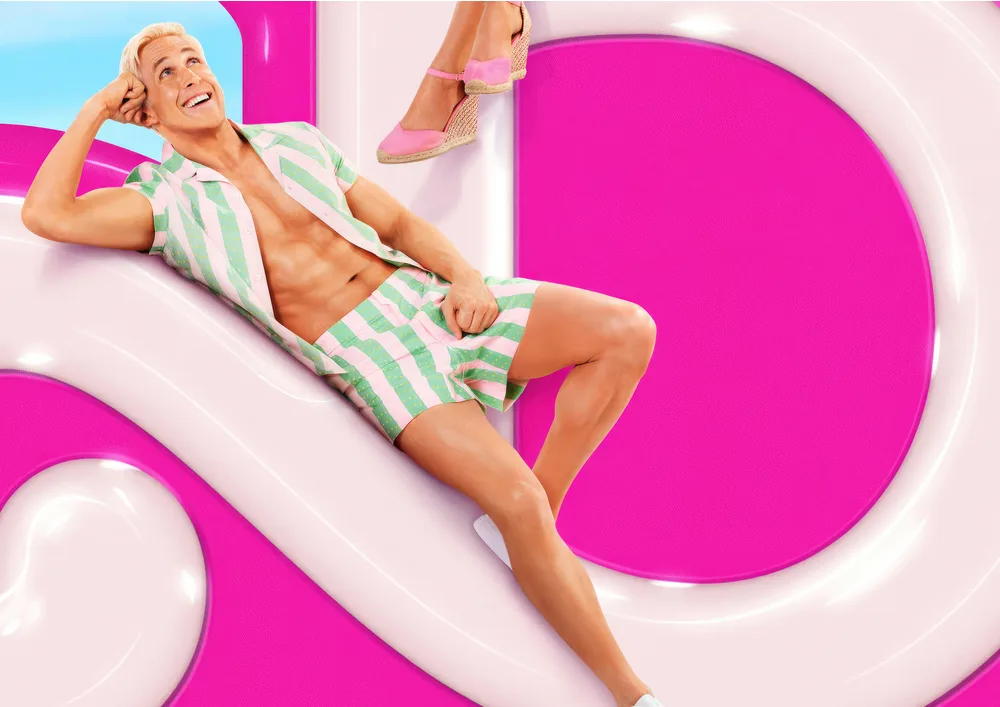 Barbie – Ken na růžovém nápisu – jedlý papír na hranatý dort – jedlý obrázek na dort
