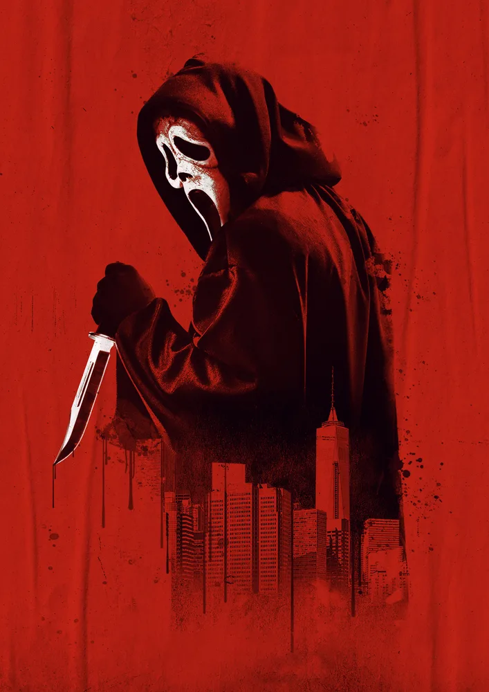 Vřískot – Ghostface s nožem v New Yorku – jedlý papír na hranatý dort – jedlý obrázek na dort