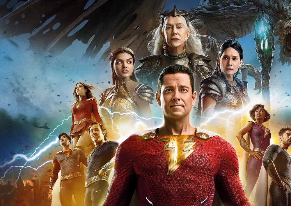 Shazam – superhrdinové a bohyně s drakem – jedlý papír na hranatý dort – jedlý obrázek na dort