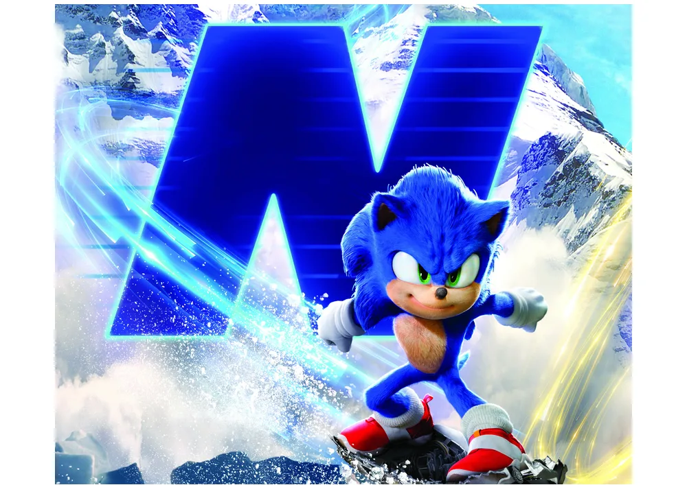 Sonic – v zasněžených horách na snowboardu – jedlý papír na hranatý dort – jedlý obrázek na dort