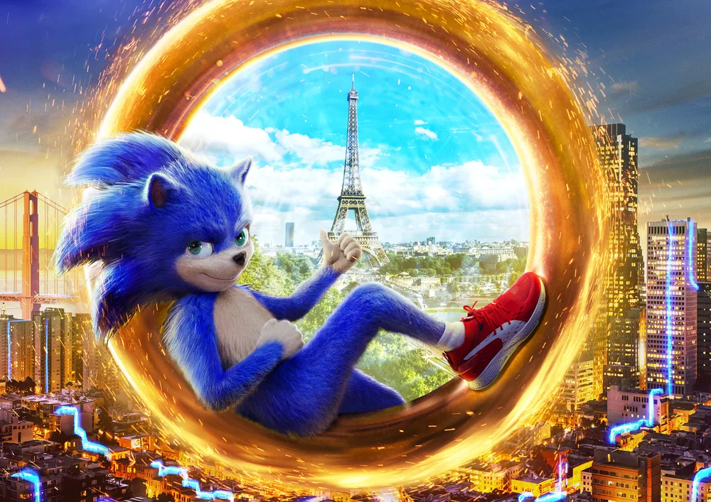 Sonic – v magickém portálu s Paříží a Eiffelovkou – jedlý papír na hranatý dort – jedlý obrázek na dort