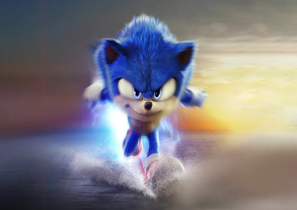 Sonic – běžící filmový Sonic s blesky – jedlý papír na hranatý dort – jedlý obrázek na dort