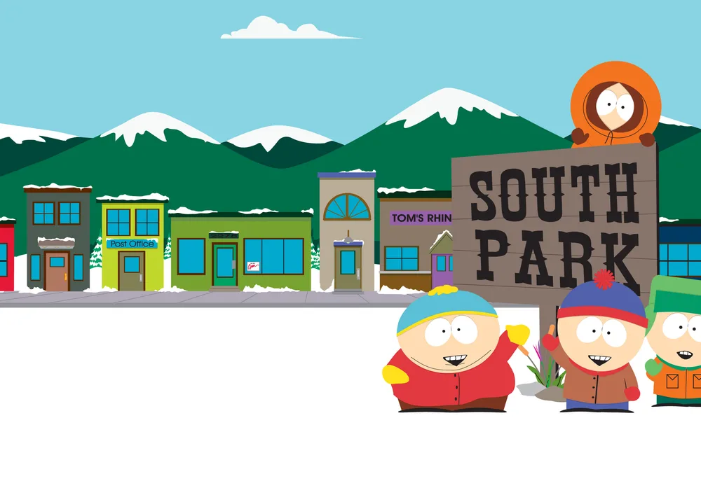 South Park – Cartman, Stan, Kyle a Kenny u cedule – jedlý papír na hranatý dort – jedlý obrázek na dort