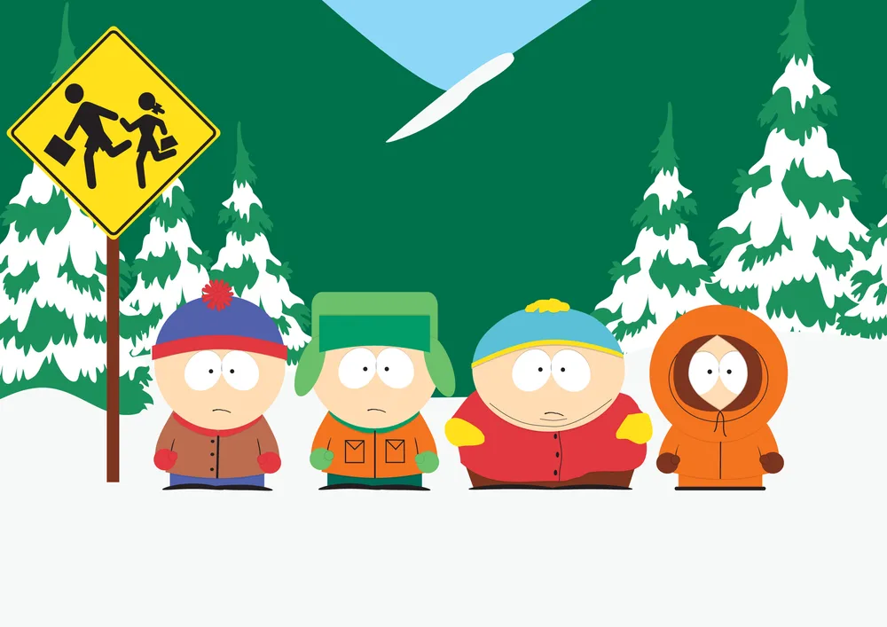 South Park – Stan, Kyle, Cartman a Kenny na sněhu – jedlý papír na hranatý dort – jedlý obrázek na dort
