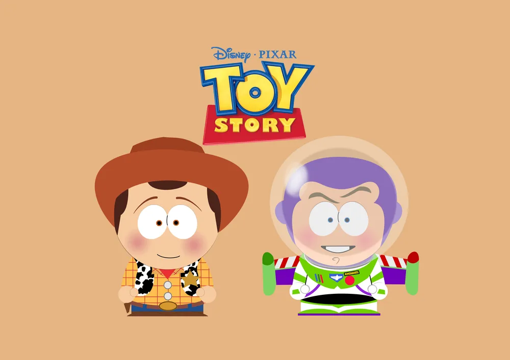 Toy Story – Woody a Buzz vtipně jako ze South Parku – jedlý papír na hranatý dort – jedlý obrázek na dort