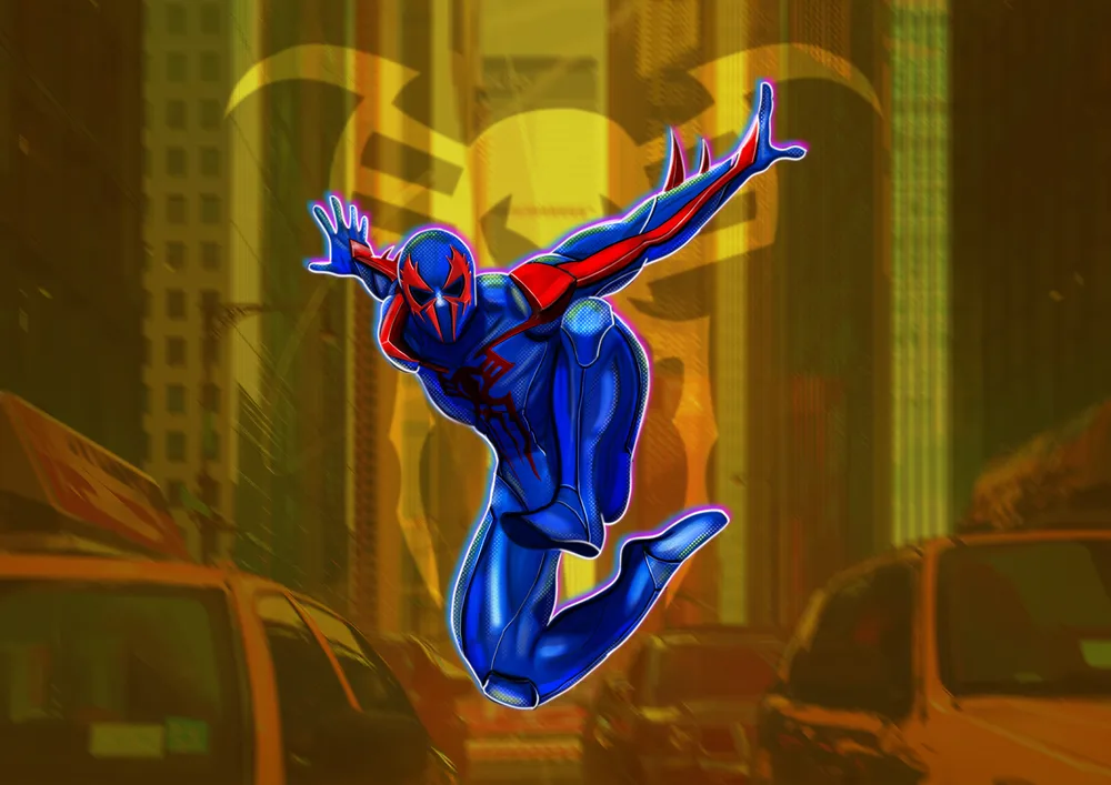 Spiderman – Spider-Man 2099 ve skoku nad městem – jedlý papír na hranatý dort – jedlý obrázek na dort