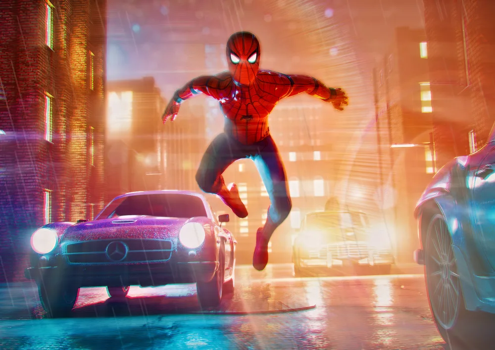 Spiderman – skok v nočním městě mezi auty – jedlý papír na hranatý dort – jedlý obrázek na dort