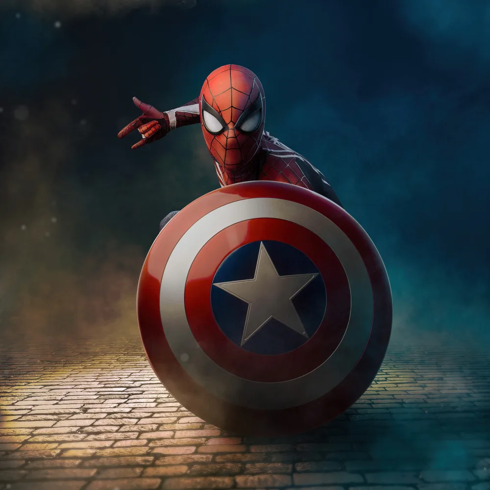 Spiderman – se štítem Captaina Ameriky na ulici – jedlý obrázek na dort – jedlý obrázek na dort
