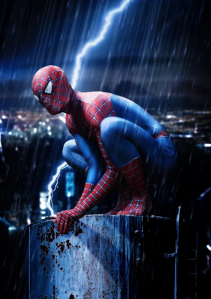 Spiderman – v dešti a blescích nad městem – jedlý papír na hranatý dort – jedlý obrázek na dort
