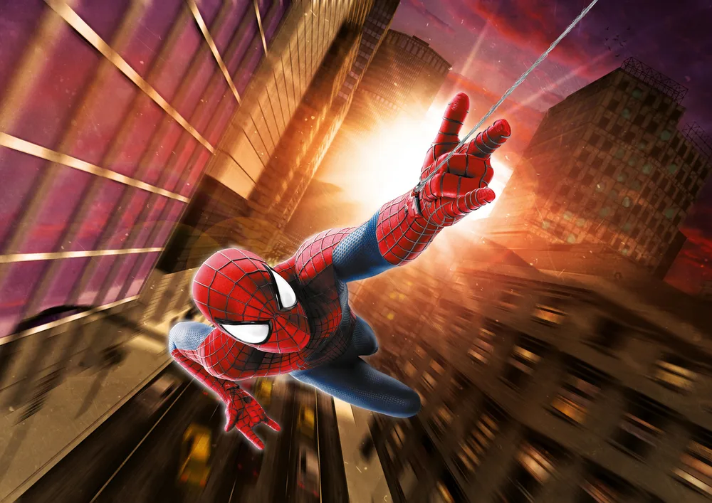 Spiderman – skok mezi mrakodrapy při západu slunce – jedlý papír na hranatý dort – jedlý obrázek na dort