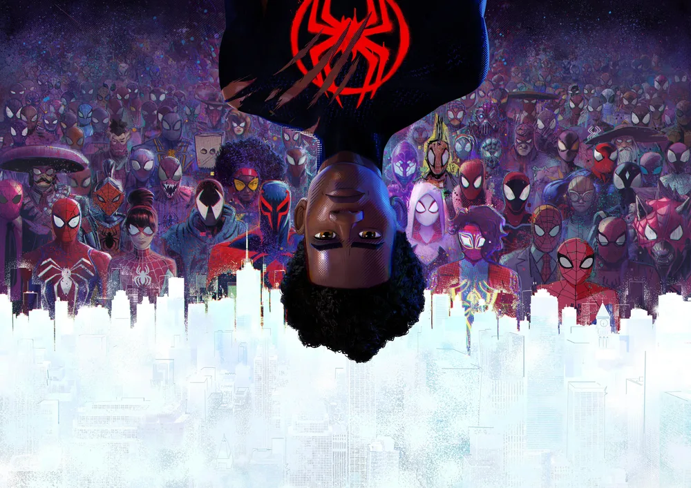Spiderman – Miles Morales hlavou dolů a Spider-Verse – jedlý papír na hranatý dort – jedlý obrázek na dort