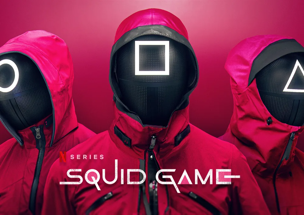 Squid Game – Strážci s maskami a logem – jedlý papír na hranatý dort – jedlý obrázek na dort