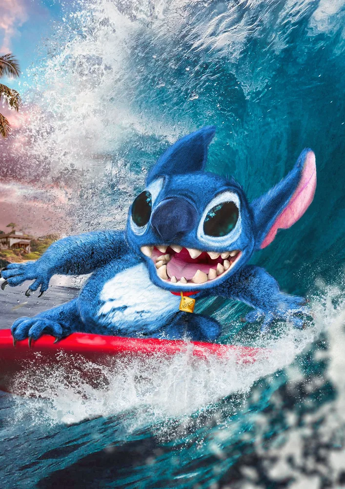 Lilo a Stitch – Stitch surfující na vlně – jedlý papír na hranatý dort – jedlý obrázek na dort