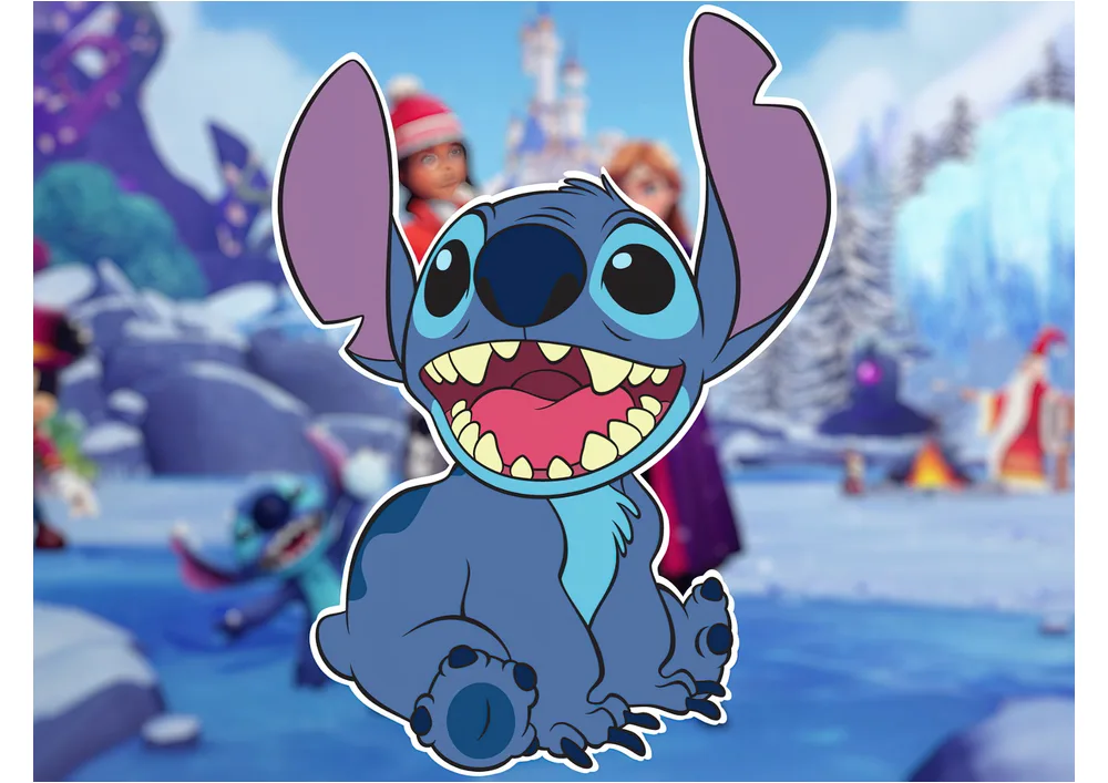 Lilo a Stitch – vysmátý Stitch v zimní krajině – jedlý papír na hranatý dort – jedlý obrázek na dort