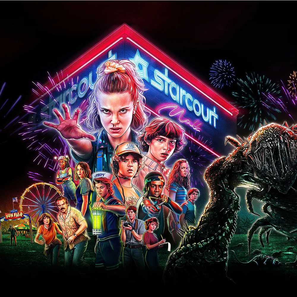 Stranger Things – Eleven a parta u Starcourt Mall – jedlý obrázek na dort – jedlý obrázek na dort
