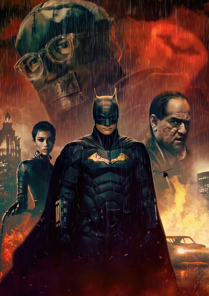 Batman – Temný rytíř, Catwoman a Riddler v dešti – jedlý papír na hranatý dort – jedlý obrázek na dort