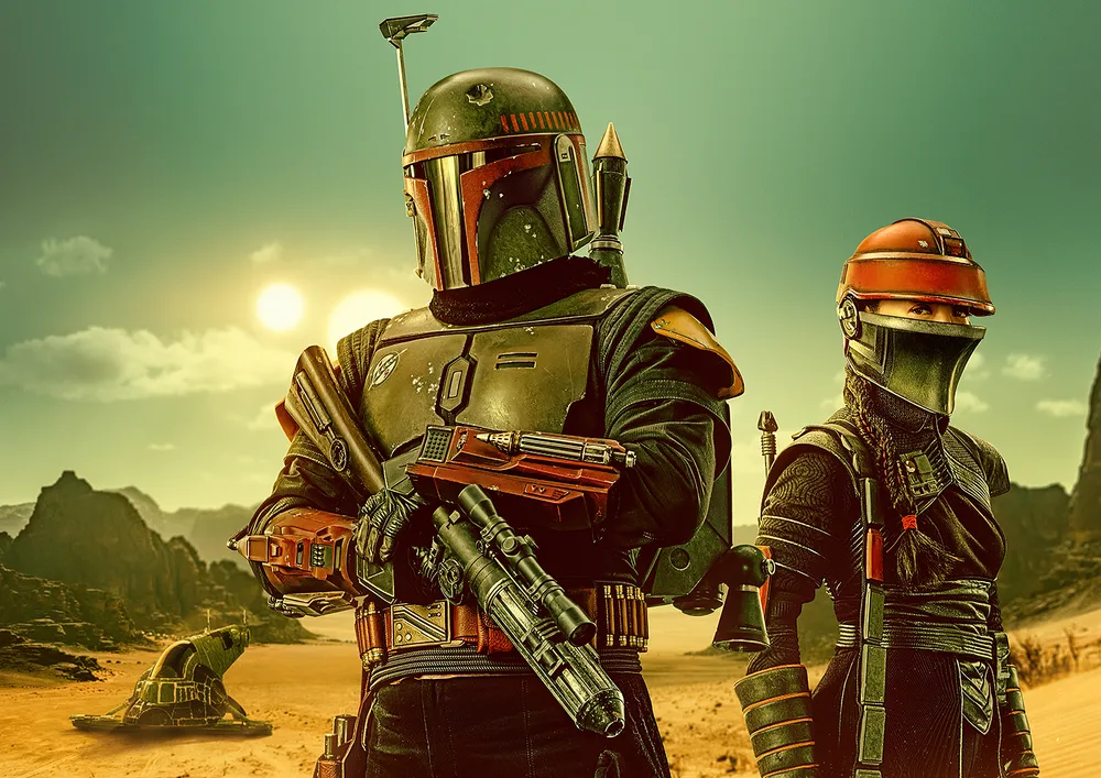 Star Wars – Boba Fett a Fennec Shand v poušti – jedlý papír na hranatý dort – jedlý obrázek na dort