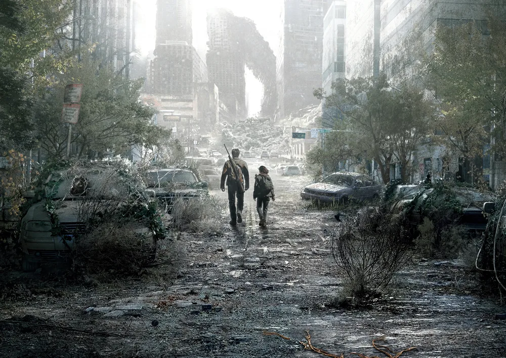 The Last of Us – Joel a Ellie ve zničeném městě – jedlý papír na hranatý dort – jedlý obrázek na dort