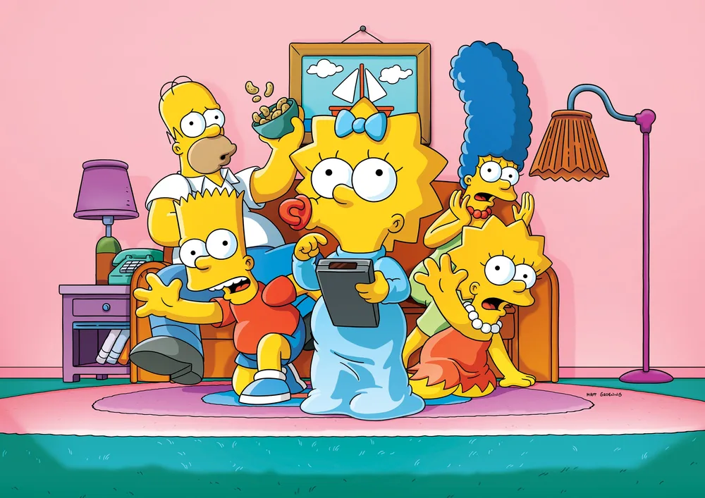 Simpsonovi – rodinka Simpsonových u televize – jedlý papír na hranatý dort – jedlý obrázek na dort