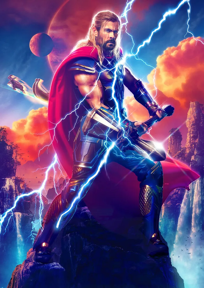 Thor – bůh hromu s blesky a sekerou – jedlý papír na hranatý dort – jedlý obrázek na dort