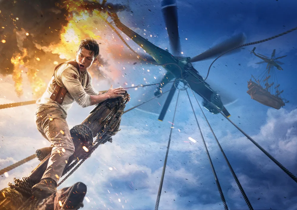 Uncharted – Nathan Drake v akci na laně – jedlý papír na hranatý dort – jedlý obrázek na dort