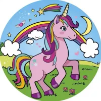 Jednorožec – Unicorn – kreslený s duhou a měsícem – jedlý obrázek na dort