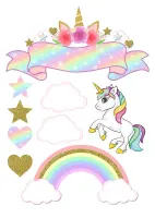 Jednorožec – Unicorn – stuha s rohem a obláčky – jedlý papír na hranatý dort