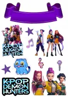 K Pop – Lovkyně Démonů – Hunterx – výřezy se stuhou a hvězdami – jedlý papír na hranatý dort