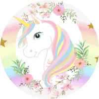 Jednorožec – Unicorn – v květinovém věnci – jedlý obrázek na dort