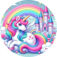 Jednorožec – Unicorn – u pohádkového zámku – jedlý obrázek na dort