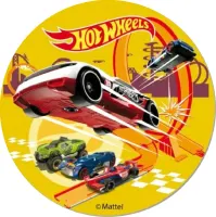 Hot Wheels – bílé auto na žluté dráze – jedlý obrázek na dort