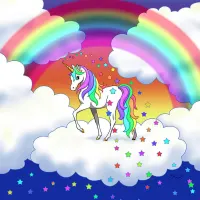 Unicorn – pod duhou v oblacích – jedlý obrázek na dort