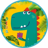 Dinosauři – usměvavý zelený dinosaurus s dárkem – jedlý obrázek na dort