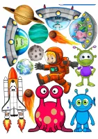 Vesmír – kosmonaut, mimozemšťané a raketa – jedlý papír na hranatý dort